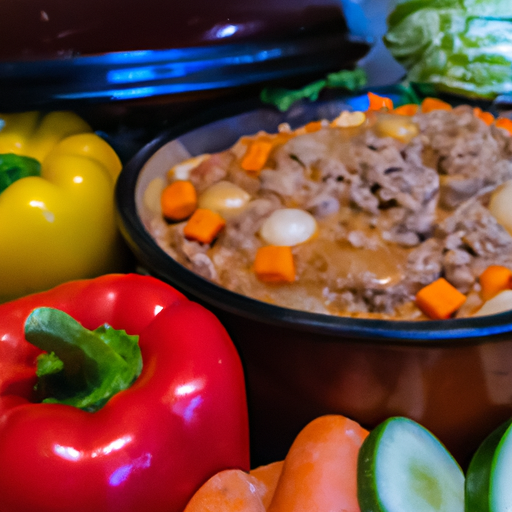 A slow cooker filled with bubbling crockpot hamburger helper, surrounded by colorful vegetables and spices.