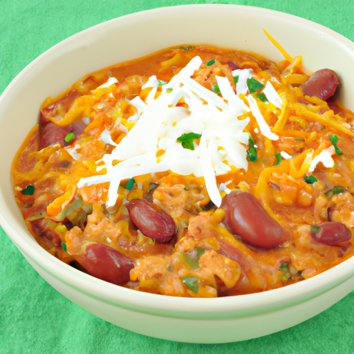 A bowl of flavorful turkey chili, topped with cheese and herbs.