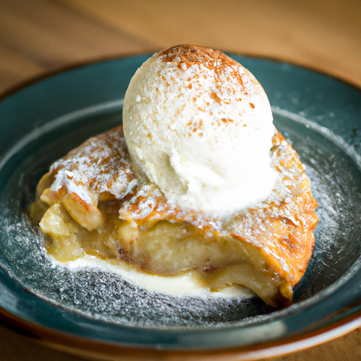 A slice of Dutch Oven Apple Pie served on a plate, topped with a scoop of vanilla ice cream and a sprinkle of cinnamon.